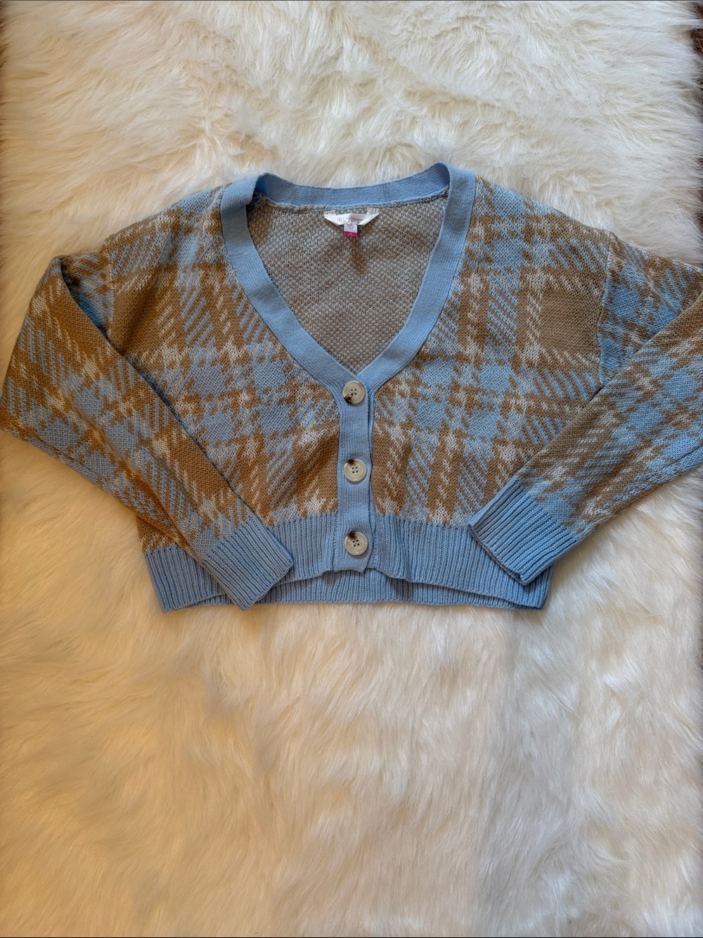 No Boundaries Light Blue and Camel Plaid Cropped Cardigan